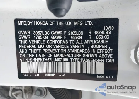 2020 Honda Civic Ex z USA, uszkodzony, nr VIN SHHFK7H67LU407159